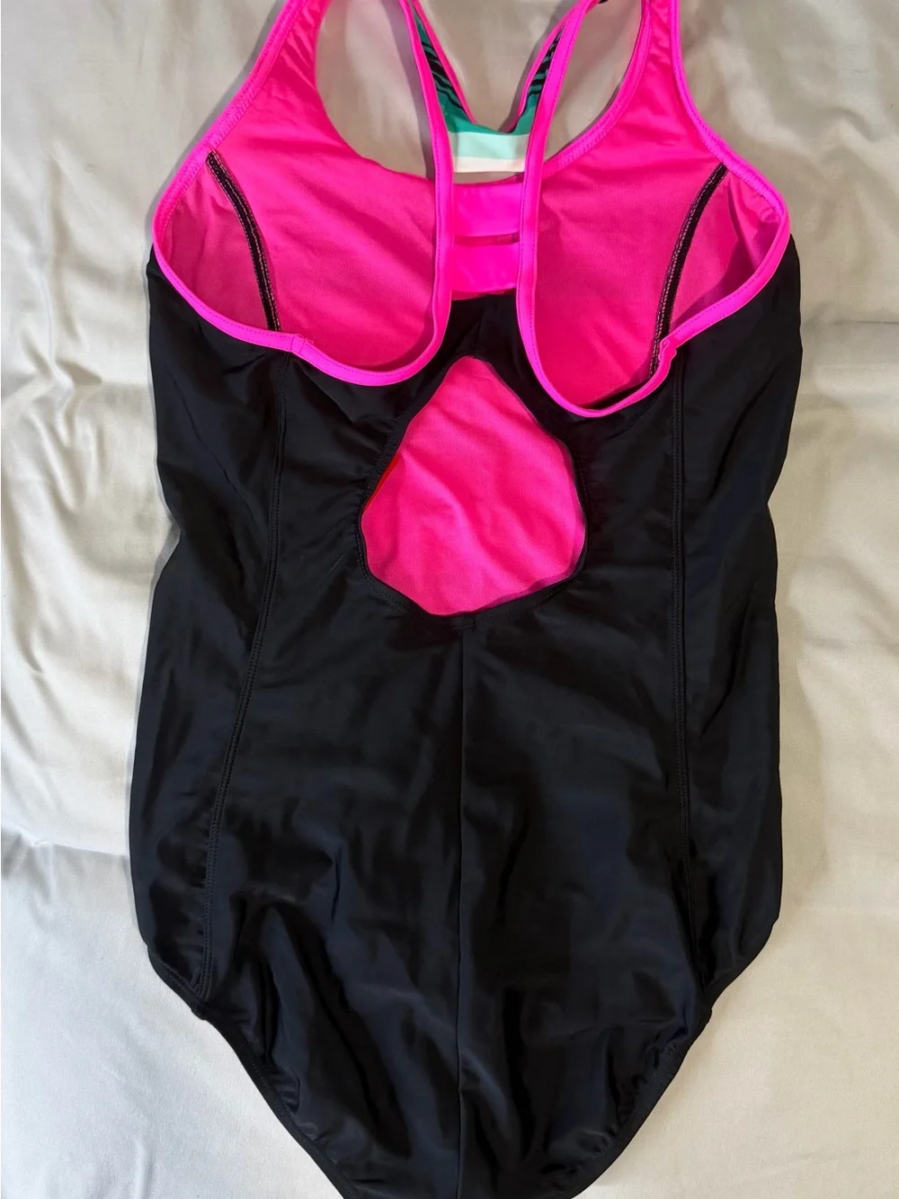 ZeroXposur Girls One-Piece Swimsuit - Pink, Black, Teal, Yellow Stripe